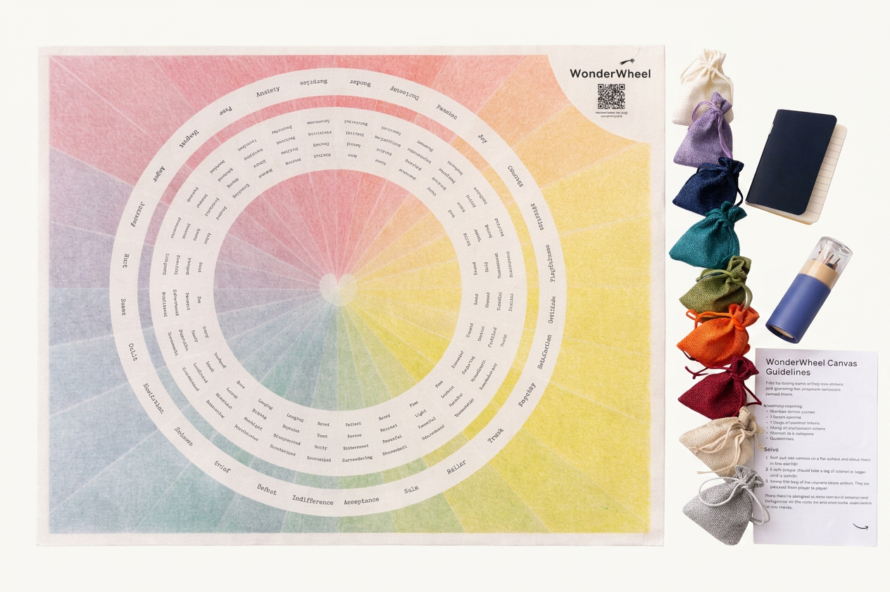 Top-down view of the WonderWheel canvas with linen pouches and pencils.